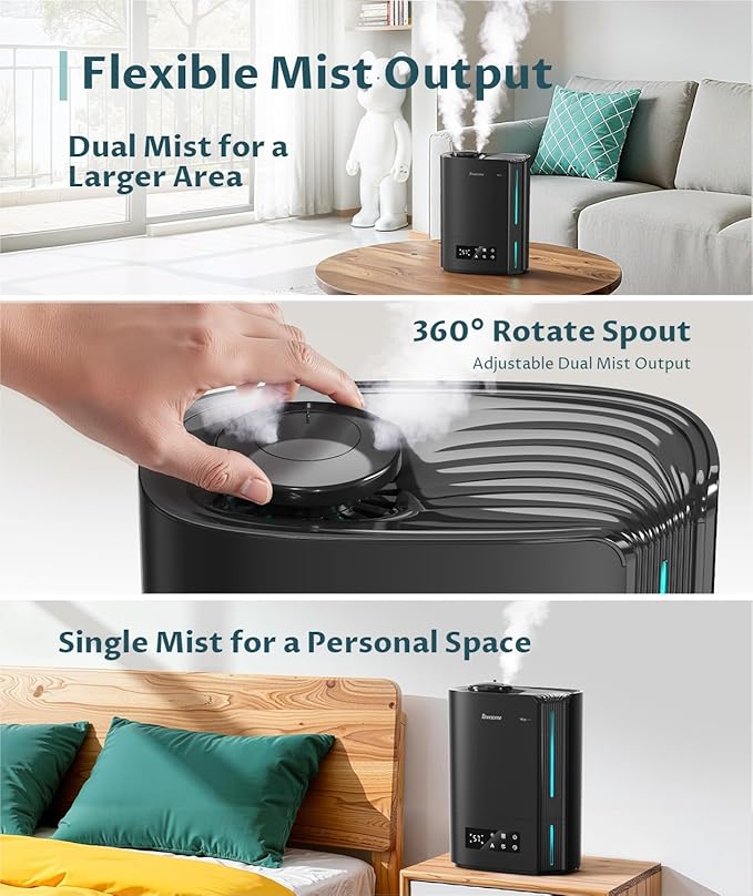 BREEZOME 6L Humidifiers for Bedroom Large Room & Essential Oil Diffuser, Ultrasonic Top Fill Cool Mist Humidifiers for Baby, Plants, Nursery Last up to 60 Hours, Smart Humidistat Control, Quiet, Black