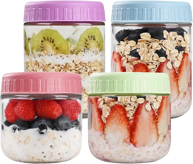 Overnight Oats Containers with Lids, Glass Jars with Lids 4 pcs, Candy, Wide Mouth Mason jars for Salad, Yogurt, Snacks, Meal Prep