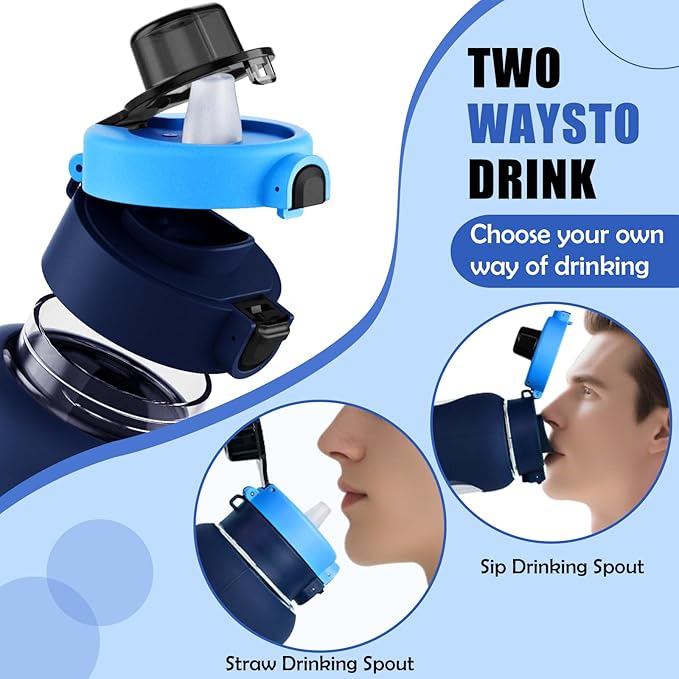 ANOTION 40OZ Glass Water Bottle, Large Sports Water Bottle with Dual-Drink Lid Clear Leakproof Glass Bottles with Straw, Motivational Jug with Silicone Sleeve and Time Marker for Travel Gym-Blue