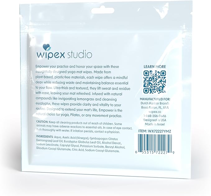 Wipex Studio Empower Yoga Mat Cleaner Wipes 25ct Zip Pack, Ultra Thick and Textured, Lemongrass Eucalyptus Scent, Natural Choice for Yoga, Pilates, or Any Movement Practice (25 Count (Pack of 6))