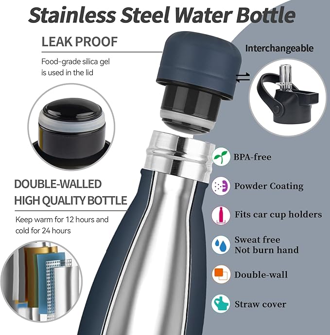 Insulated Water Bottle, 17oz Stainless Steel Water Bottles with straw lid, Metal Sports Water Bottles for Boys,Girls, Double Wall Vacuum BPA-Free Flask for School, Sports (Dark blue)