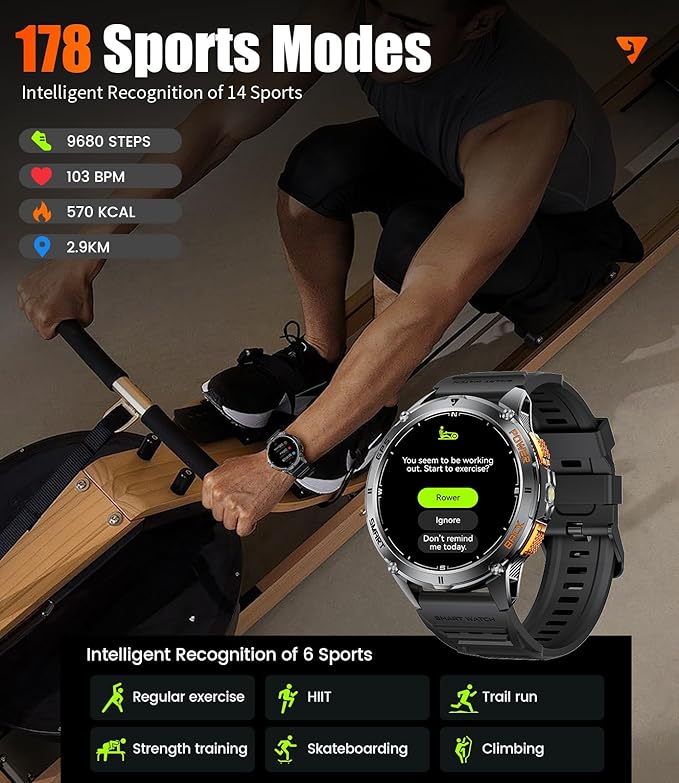 GPS Smart Watch for Men with LED Light/530mAh Battery, 1,43'' AMOLED Military Smartwatch with Compass/Barometer/Altimeter, Heart Rate/Sleep, 5ATM Waterproof Fitness Watch for Android iOS, Black