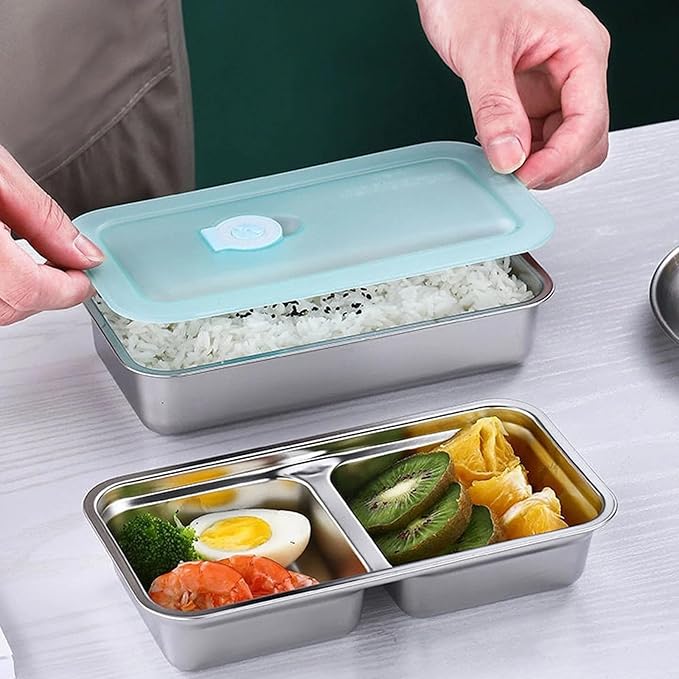 Stainless Steel Snack Containers for Kids and Adults [2/4/6-Pack Set] Reusable Food Storage Container Set with Lids-2 Compartment Bento Box for Lunch, Travel, Meal Prep- Leakproof & Dishwasher Safe(4)