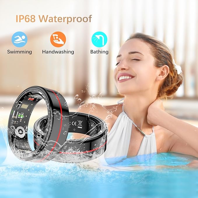 Fit Ring, Smart Health Rings for Women Men with Heart Rate,Blood Oxygen,HRV,Stress Level, Sleep Monitor, Step Tracker, No Subscription Fee, IP68 Waterproof Smart Ring for iphone &Android (Black, 8#)