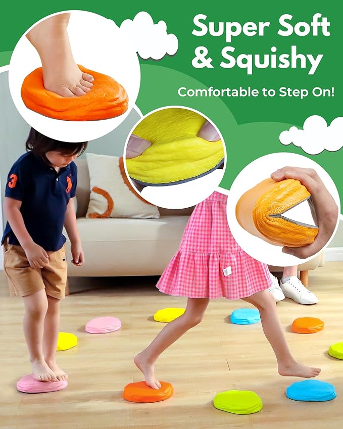 10-Pack Soft Non-Slip Stepping Stones for Kids Ages 2 3 4 5–Indoor Outdoor Foam Pads for Toddler Balance and Coordination Training–Soft and Flexible,Designed for Children's Barefoot Play