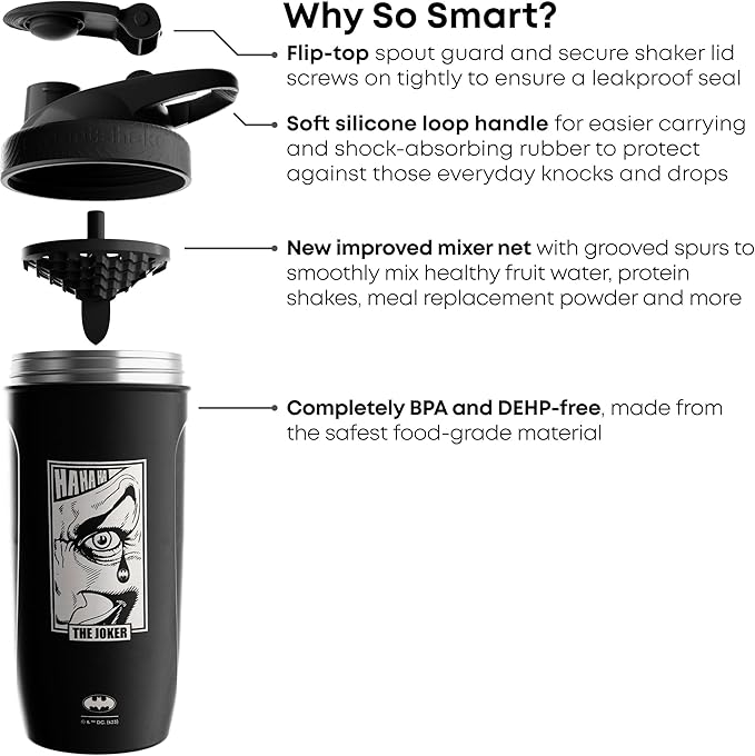 Smartshake DC COMICS Reforce Stainless Steel Protein Shaker Bottle 900 ml | 30 oz - Leakproof Screw-on Lid - BPA Free – Unisex - Non Insulated - The Joker Logo