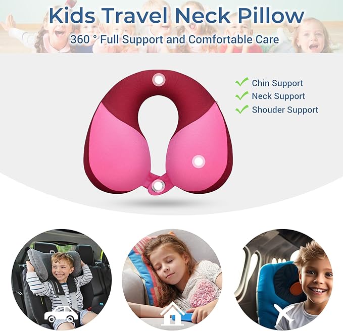 COOLBEBE Kids Travel Neck Pillow, Softly Headrest Travel Pillow for Car & Airplane, Traveling Gifts for Toddler & Children (1, Raspberry Powder)