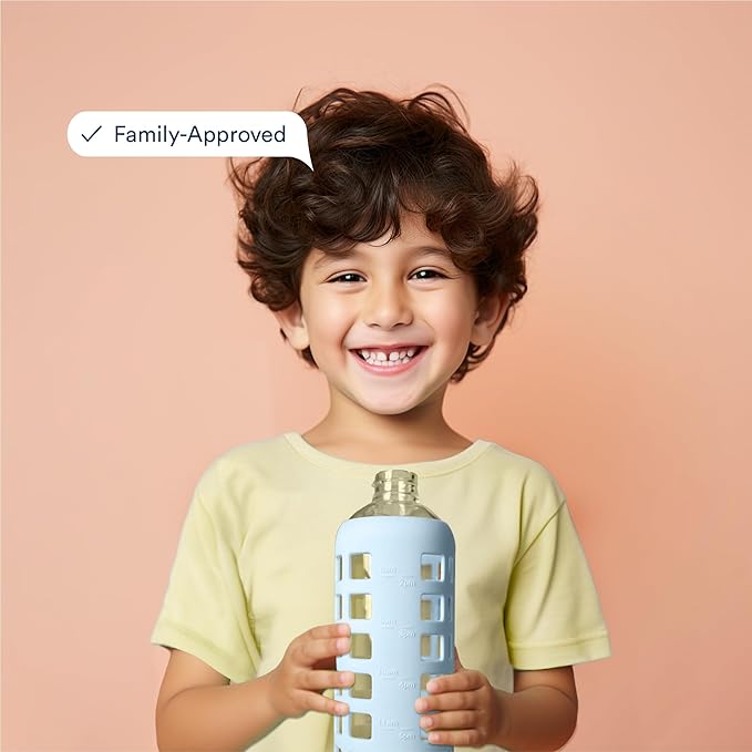 purifyou 40oz / 32oz / 22oz / 12oz Borosilicate Glass Water Bottle with Time & Volume Markers, Silicone Sleeve, Stainless Steel Lid | Reusable Glass Bottle for Water & Juice (32oz Ice Blue)