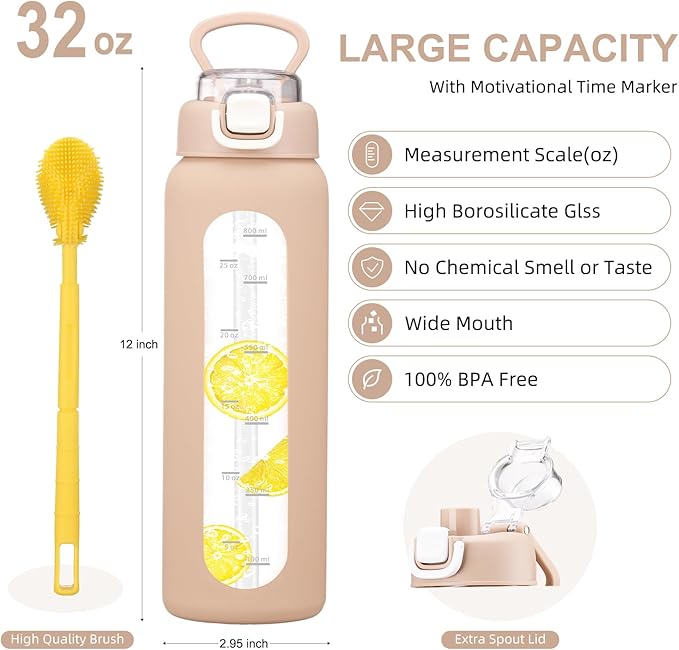 32 oz Glass Water Bottles with 2 Lids-Handle Spout Lid & Straw Lid, 1 Liter Motivational Borosilicate Water Bottle with Time Marker and Silicone Sleeve,Leakproof-Amber-1 Pack