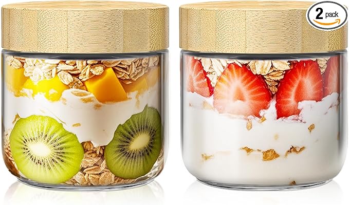2 pack 10oz Overnight Oats Containers with Bamboo Lids, Glass Jars with Airtight Lids for Meal Prep, Wide Mouth Mason Salad Jars, Glass Food Storage Container for Yogurt Chia Snacks Spice Sugar