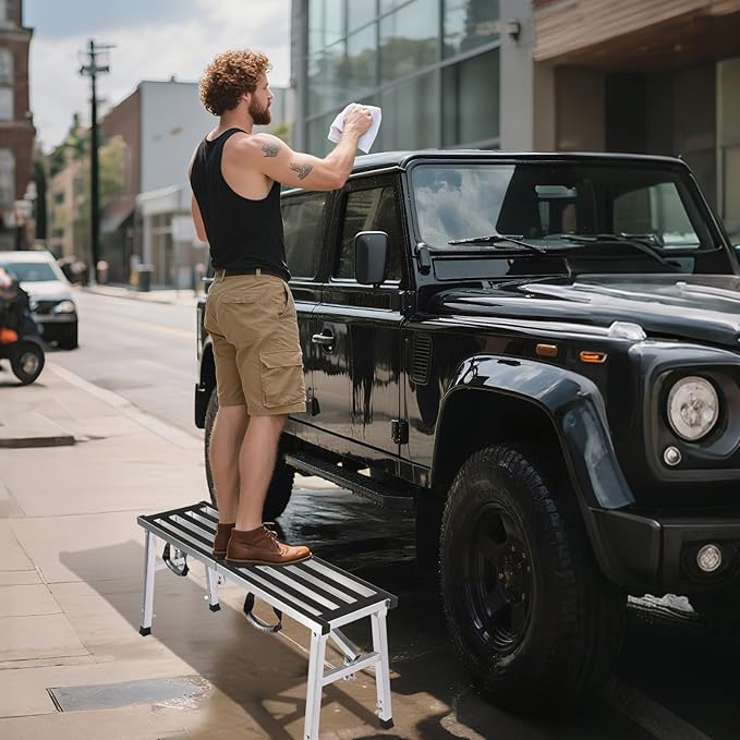 Folding Work Platform 39"(L) x12(W) Height Adjustment 19-27"(H) Portable Steel Step Ladder Stool for Home, Office, Workshop and Garage, Maximum Load 400lbs