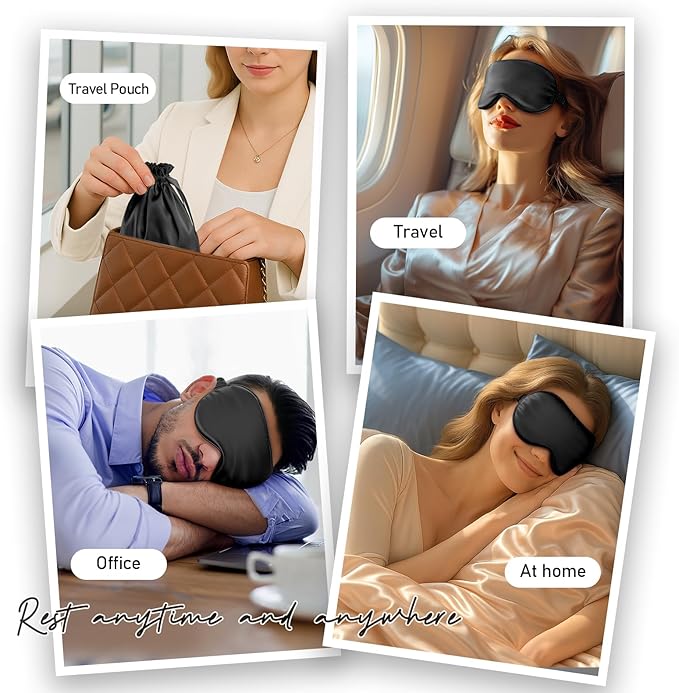 Umisleep 100% Pure Mulberry Silk Sleep Mask, 22 Momme 6A Soft & Smooth Fibers, Breathable Eye Mask for Women & Men, Better Light Blocking Sleeping Mask with Travel Pouch, Adjustable Blindfold, Black