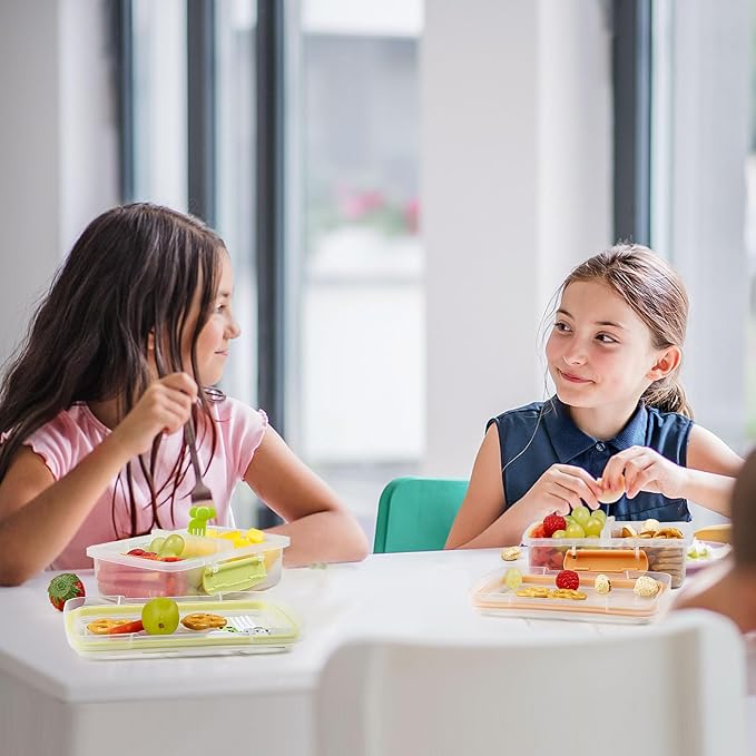 4 Pack Plastic Snack Containers with Lids, 2 Compartment Food Container for Kids Snack Box, Travel Bento Lunch Containers with forks for Fruits/Candies, Divided Food Storage Containers for School