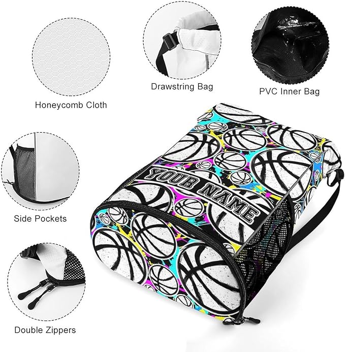 Custom Basketball Drawstring Backpack - Cool Cinch Sack, String Backpacks with Pocket for Kids Women Men Boys Girls for Gym Outdoor Sports Travel Athletic Drawstring Bag - Lightweight/Foldable