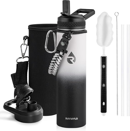 Insulated Water Bottle 24oz, Triple Wall Vacuum Stainless Steel (Cold for 48 Hrs, Hot for 24Hrs), Leak Proof & Non-BPA, 24oz Hydro Water Flask with Paracord Handle & Straw Spout Lids