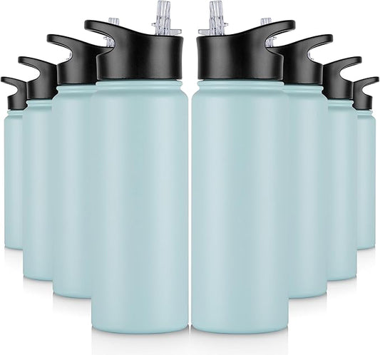 24 oz Insulated Water Bottle Bulk 8 Pack, Stainless Steel Sports Water Bottles with Straw Lid & Wide Mouth Lids, Double Walled Vacuum, Leak Proof, Turquoise Blue