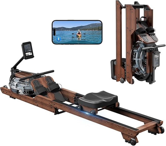 Dripex Rowing Machines for Home Foldable, Water Rowing Machine Max 350 LBS, Water Rower with Smooth Slide Rail, Comfortable Seat, Bluetooth App Supported, LCD Monitor, Wooden Row Machine for Home Gym
