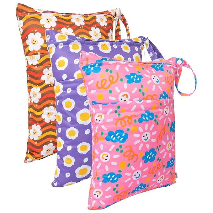 babygoal Wet Dry Bags for Baby Cloth Diapers, Washable Travel Bags, Beach, Pool, Gym Bag for Swimsuits & Wet Clothes with Two Zippered Pockets 3 Pack 3LN07