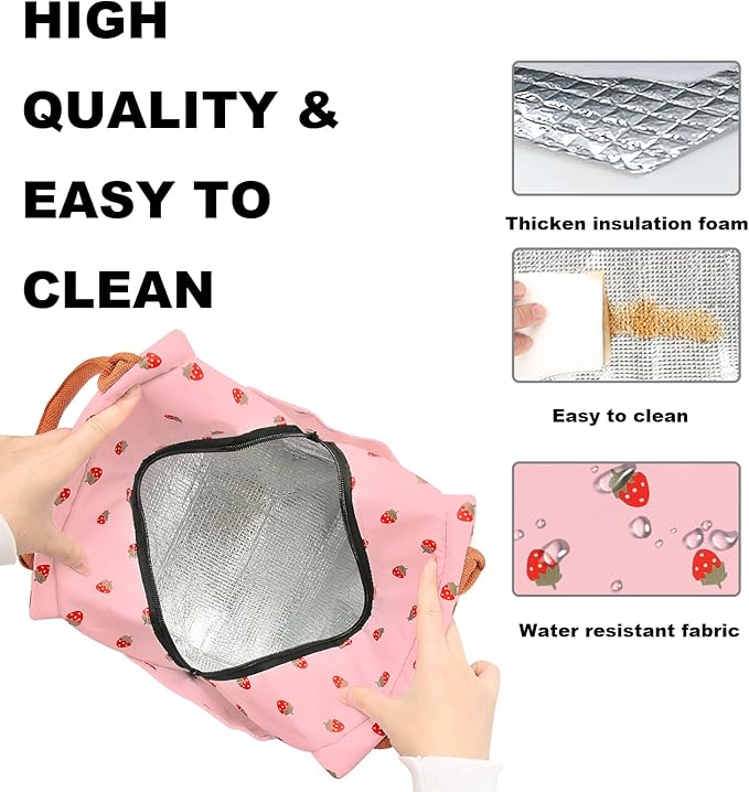 Joymee Lunch Bag Women Insulated Lunch Box Reusable Leakproof Large Spacious Cooler Tote for Women Men Adult with Bottle Holder and Side Pockets for Work Office Travel Picnic - Strawberry Pink