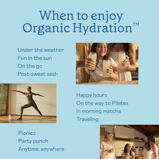 Organic Hydration Electrolyte Drink Mix, Certified Organic Hydration Powder, Non-GMO, Biochecked Glyphosate Free, Low Sugar, Lemonade Flavor, No Artificial Flavors, 20 Servings