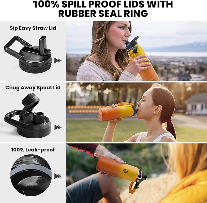 Insulated Water Bottle 40 oz, Triple Wall Vacuum Stainless Steel (Cold for 48 Hrs), Leak Proof & Non-BPA, Modern Water Flask Jug with Paracord Handle & Straw Spout Lids, Ombre Orange