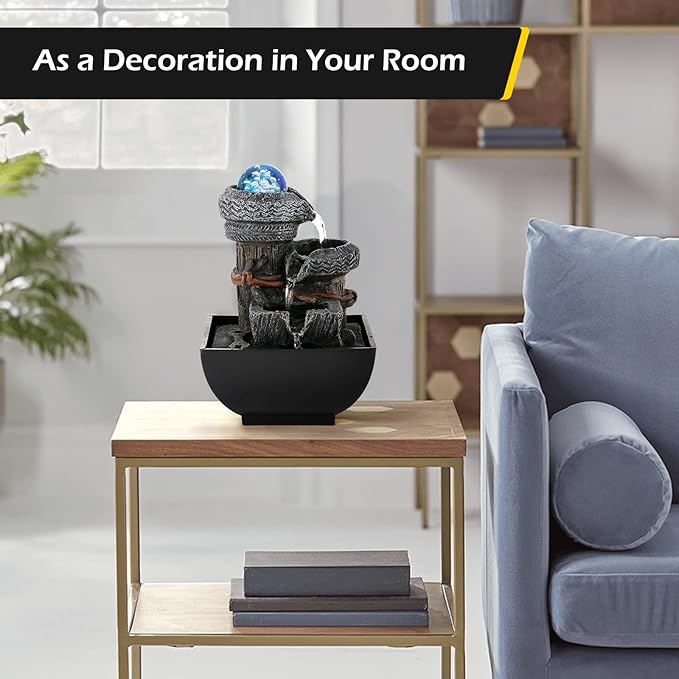 Dyna-Living Tabletop Water Fountain Waterfall Fountain Indoor with Lights Rolling Ball Feng Shui Water Fountains for Home Decor