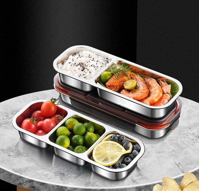 Stainless Steel Snack Containers,2Pack Reusable Double/2 Compartment Snack Containers with Lids, Divided Food Storage Containers Sauce Cups for School, Travel,Home(Double Compartment)