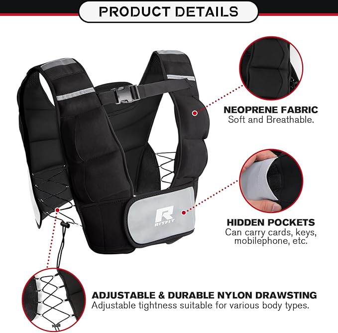 RitFit Weighted Vest, 4lb/8lb/10lb/12lb/15lb/20lb Weight Vest with Reflective Stripes, Weight Vest Adjustable for Women and Men Workout, Strength Training, Running, Fitness, Jogging, Walking