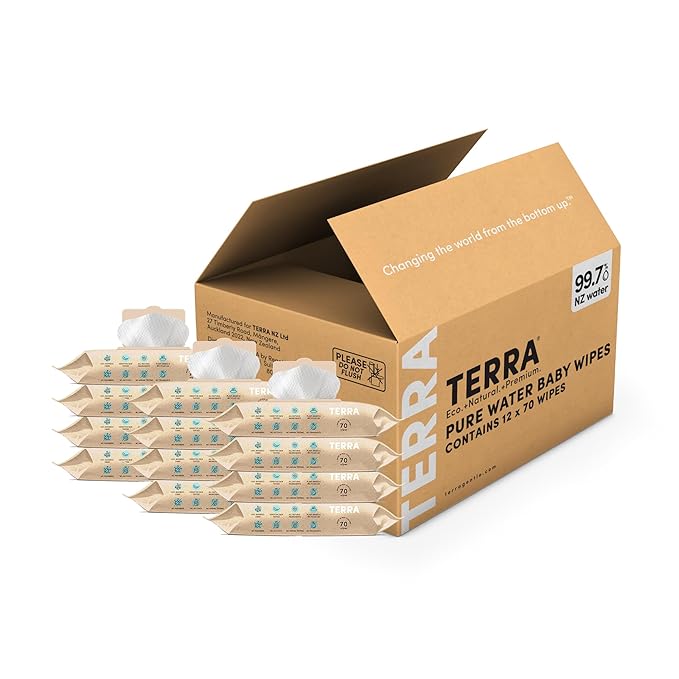 Terra Bamboo Water Baby Wipes: 99.7% Pure New Zealand Water, 100% Biodegradable Bamboo Fiber, 0% Plastic, Unscented Baby Wipes for Sensitive Skin, 12 Packs of 70 Wipes