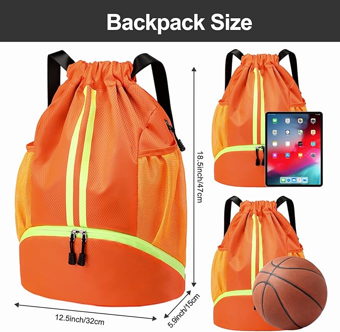 Hoedia Sports Drawstring Backpack - String Swim Gym Bag with Shoes Compartment and Wet Proof Pocket for Women/Men (Orange)