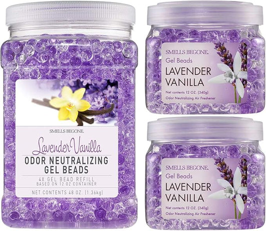 SMELLS BEGONE Odor Eliminator Gel Bead Value Pack - 72 oz - Air Freshener - Eliminates Odors in Bathrooms, Pet Areas, Boats, RVs & Cars - Made with Essential Oils - Lavender Vanilla Scent