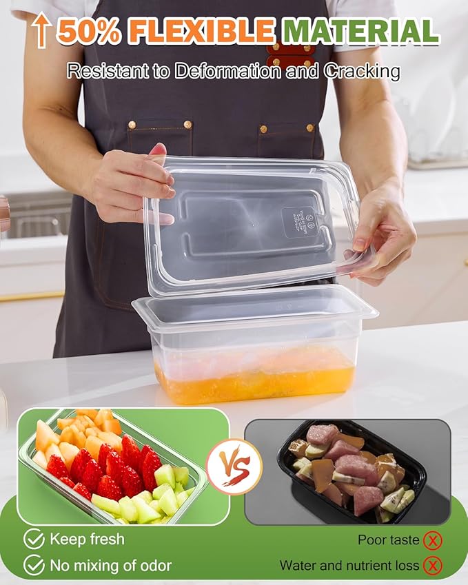 1/4 Size&2.5 Inch Translucent NSF Food Pan: 9 PCS[Total Seal] [Hot&Cold Resistant] Food Storage Containers with Lids, Topping Salad Bar Container (BPA-FREE)