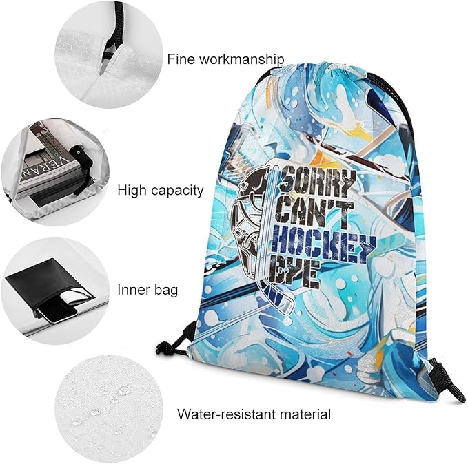 Hockey Drawstring Backpack - Cool Cinch Sack, String Backpacks for Kids Women Men Boys Girls for Gym Outdoor Sports Travel Athletic Drawstring Bag - Lightweight/Foldable