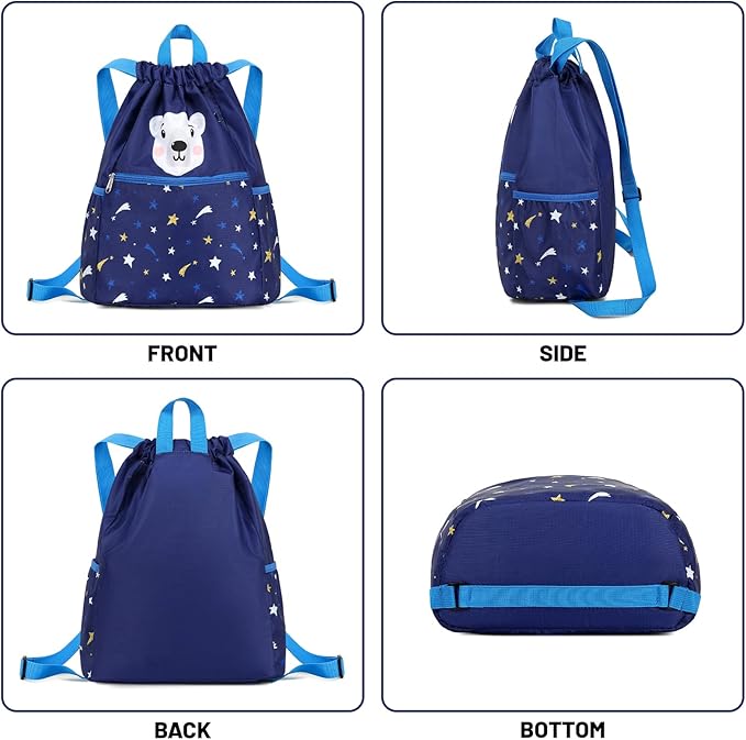 Children Boy Girl Dog Print Drawstring Backpack Outdoor Casaul Portable Shoulder Bag Swim Gymsack Sack Pack Grey