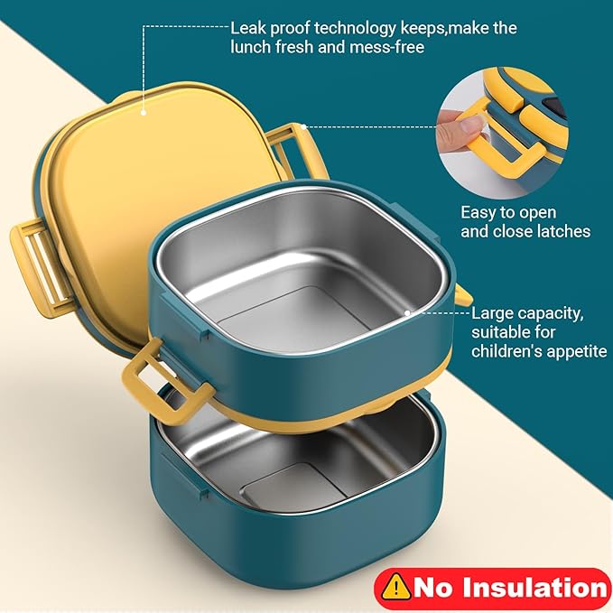 Double-Layer Bento Lunch Box for Kids & Adults with Removable Stainless Steel Dividers,Dressing Container,BPA-Free,Dishwasher Safe - Includes Utensil,(Blue,Non-Insulated)