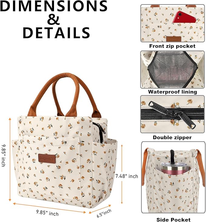 Joymee Lunch Bag Women Insulated Lunch Box Reusable Leakproof Large Spacious Cooler Tote for Women Men Adult with Bottle Holder and Side Pockets for Work Office Travel Picnic - Yellow Little Floral