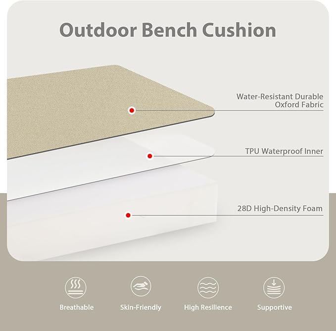 Favoyard Outdoor Bench Cushion 48 x 18 Inch Waterproof Patio Furniture Cushions 3-Year Color Fastness Garden Sofa Settee Couch Swing Pads with Handle and Adjustable Straps, Beige