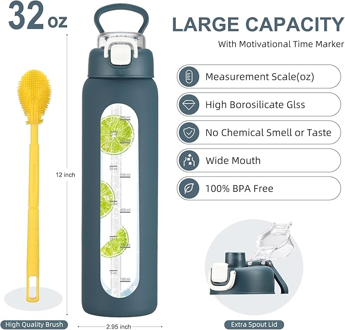 32 oz Glass Water Bottle with 2 Lids-Handle Spout Lid & Straw Lid, 1 Liter Motivational Borosilicate Water Bottle with Time Marker and Silicone Sleeve,Leakproof-Dark Blue-1 Pack