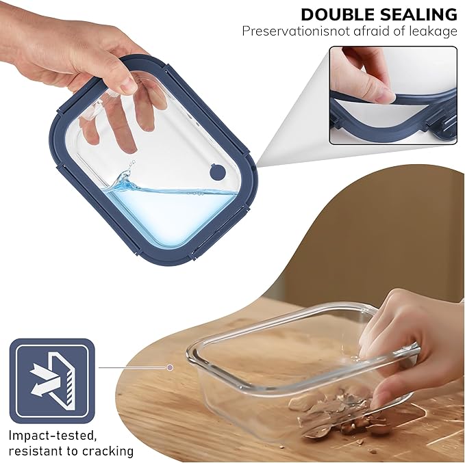 5-Pack Borosilicate Glass Containers with Tempered Lids, 35.2oz/4.4 Cup Airtight Meal Prep Set, Microwave/Freezer Safe (Blue)