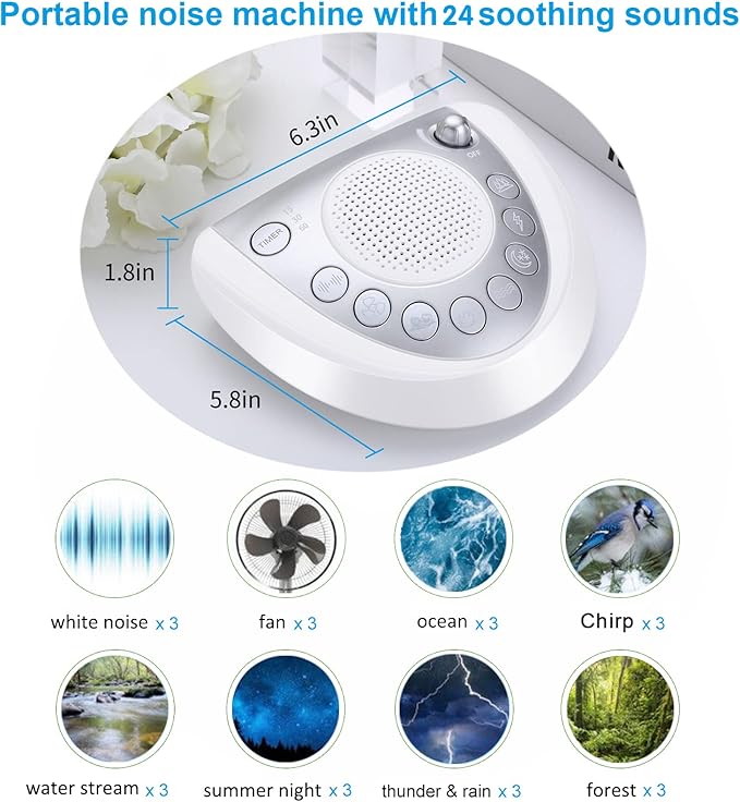 Raynic White Noise Machine, Battery Powered Sound Machine, Portable Sleep Machine with 24 Natural Soothing Sounds, Timer, USB Port, Headphone Jack for Baby, Kids, Adults, Travel, Office, Home (Silver)