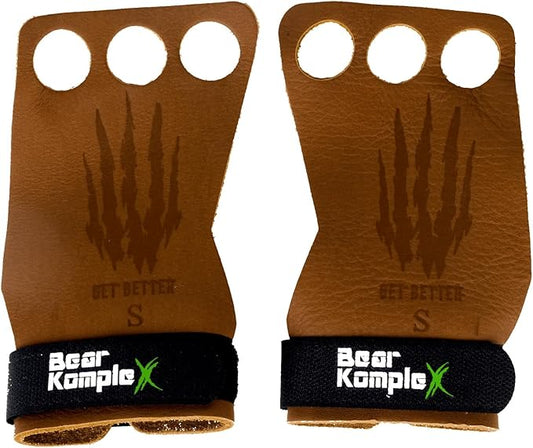 Bear KompleX 3 Hole Leather Hand Grips for Workouts, Pull-ups, Weightlifting, WOD Gymnastics, Crosstraining Palm Grips with Wrist Wraps, Hand Protection from Rips and Blisters,1 Pair
