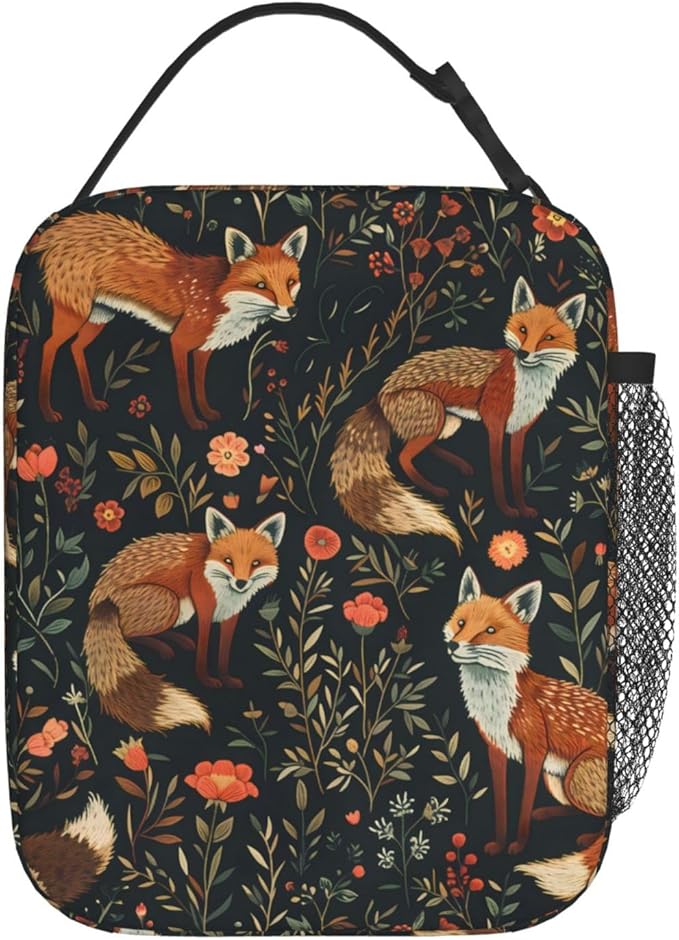 Fox Polyester Lunch Box for Kids Teen,Cute Reusable Thermal Lunch Bag for Adult Women,Rustic Insulated Tote Cooler Bags for School,Work,Picnic,Travel,Vibrant Forest Theme