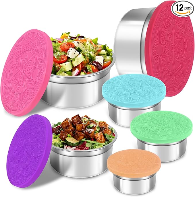 6 Pack Reusable Stainless Steel Snack Containers with Lids Set, Round Nesting Salad Dressing Container To Go, Metal Food Containers for Lunch Box Meal Prep (Size 38oz, 25oz, 12oz, 6.4oz, 3.8oz, 2.2oz)