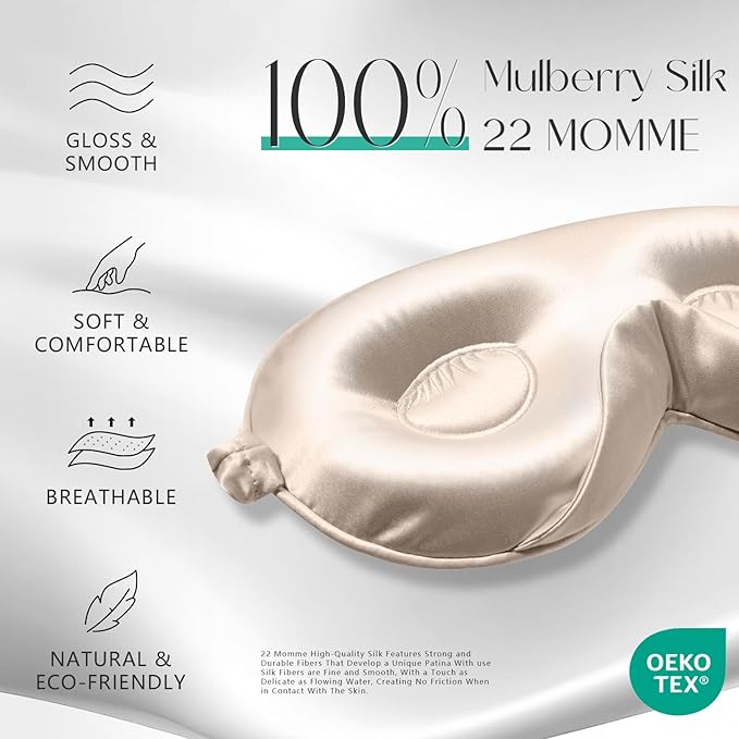 ZIMASILK Adjustable 22 Momme 100% Mulberry Silk Sleep Mask, Upgraded 3D Contoured Cup Eye Mask for Sleeping, Super Soft & Breathable Blindfold, Blackout for Deep Sleeping (Beige)