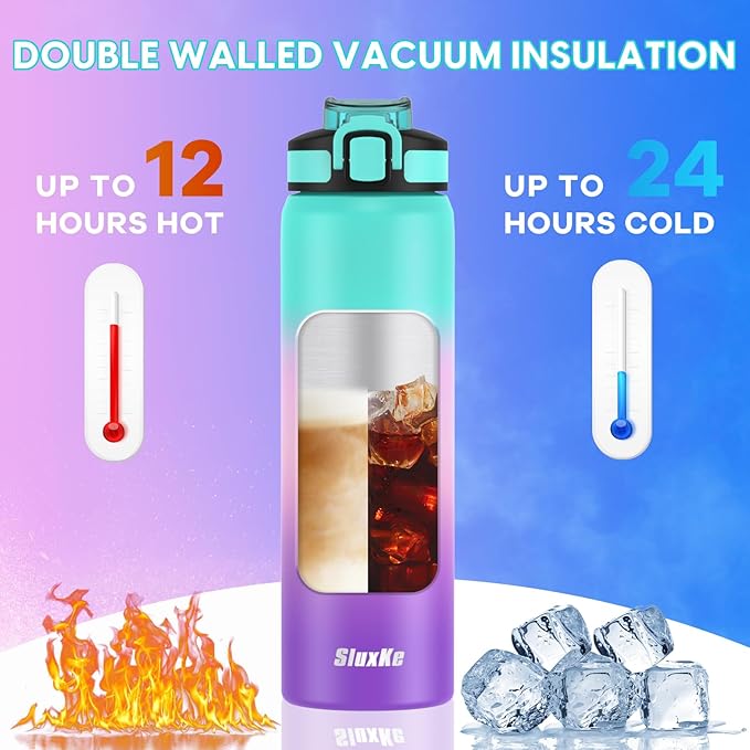 24oz Leakproof Vacuum Insulated Water Bottle, Ideal for Hot or Cold Drinks, Double wall Straw Drinking Bottle, BPA-Free, Prefect for Sport,School, Office, Fitness