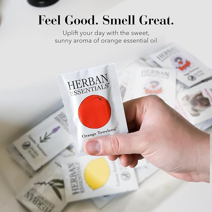 Herban Essentials - Orange Wipes & Towelettes - Essential Oil Wipes for Make Up, Hands, Face & Body - Travel Size Essentials & Toiletries - Natural, Individually Wrapped, Disposable & Moist (20 count)