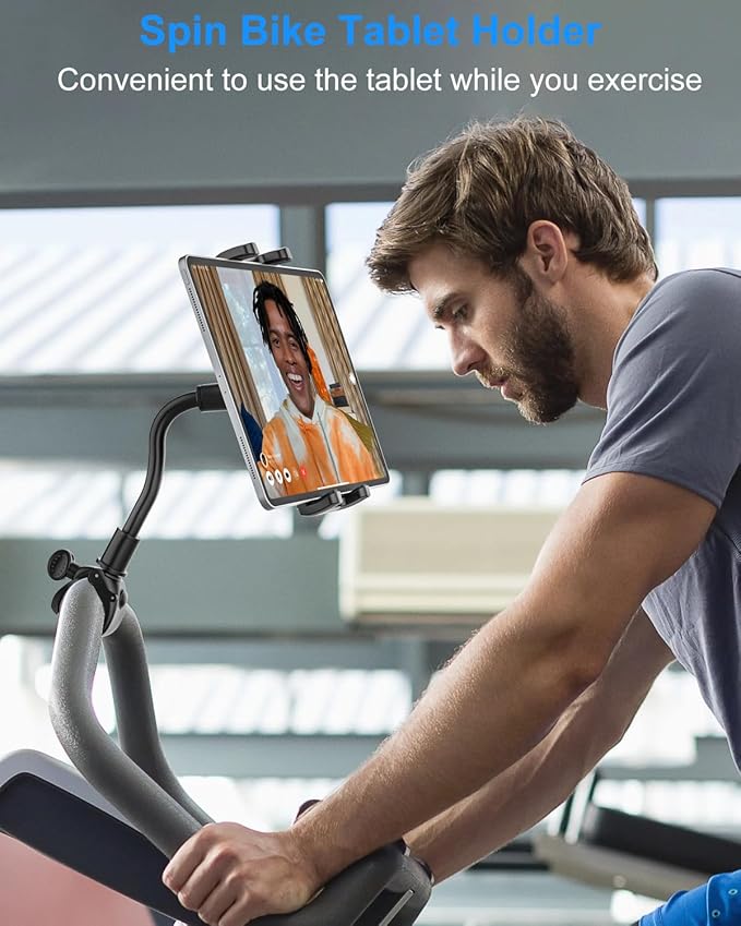 Gooseneck Tablet Holder for Spin Bike, Stationary Bicycle, Wheelchair, Treadmill, Indoor Bike, Peloton, Elliptical, Tablet Mount Clamp for iPad Pro, Air, Mini, Galaxy Tabs, 4.7-12.9" Tablets