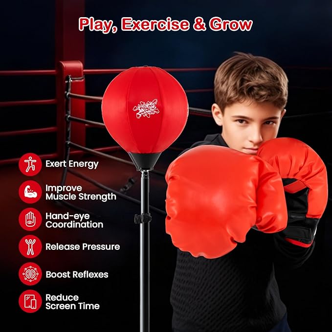 Goplus Punching Bag for Kids, Height Adjustable Kids Workout Equipment with Boxing Stand, Boxing Gloves, Inflator for Teens Adults Boys & Girls Aged 8+, Reflex Bag for Christmas Birthday