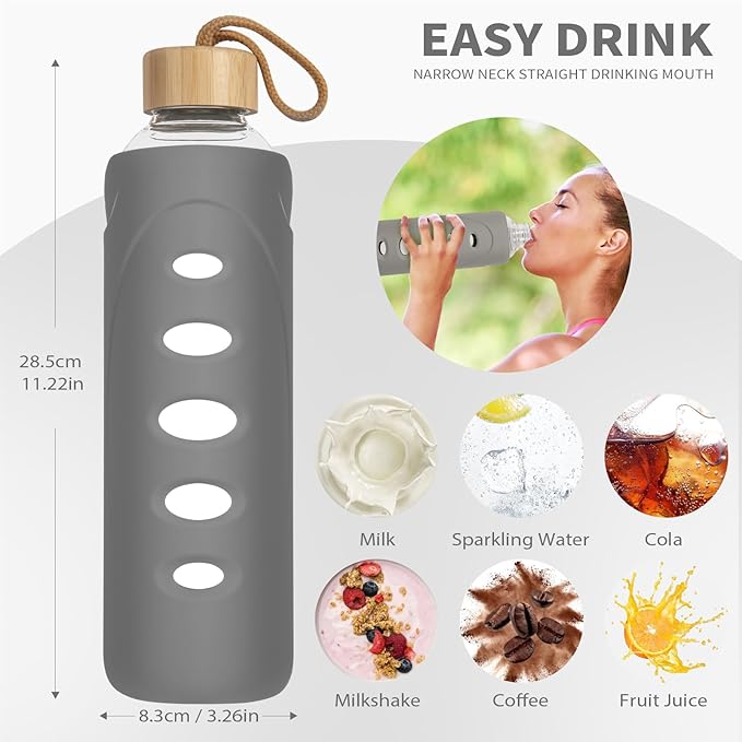 Sport 32oz Glass Water Bottle 1000ml /1 liter Borosilicate Glass Water Bottle Reusable Waterbottle Jugwith Silicone Sleeve and Unique Lid (Grey