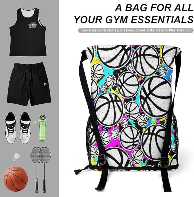 Custom Basketball Drawstring Backpack - Cool Cinch Sack, String Backpacks with Pocket for Kids Women Men Boys Girls for Gym Outdoor Sports Travel Athletic Drawstring Bag - Lightweight/Foldable